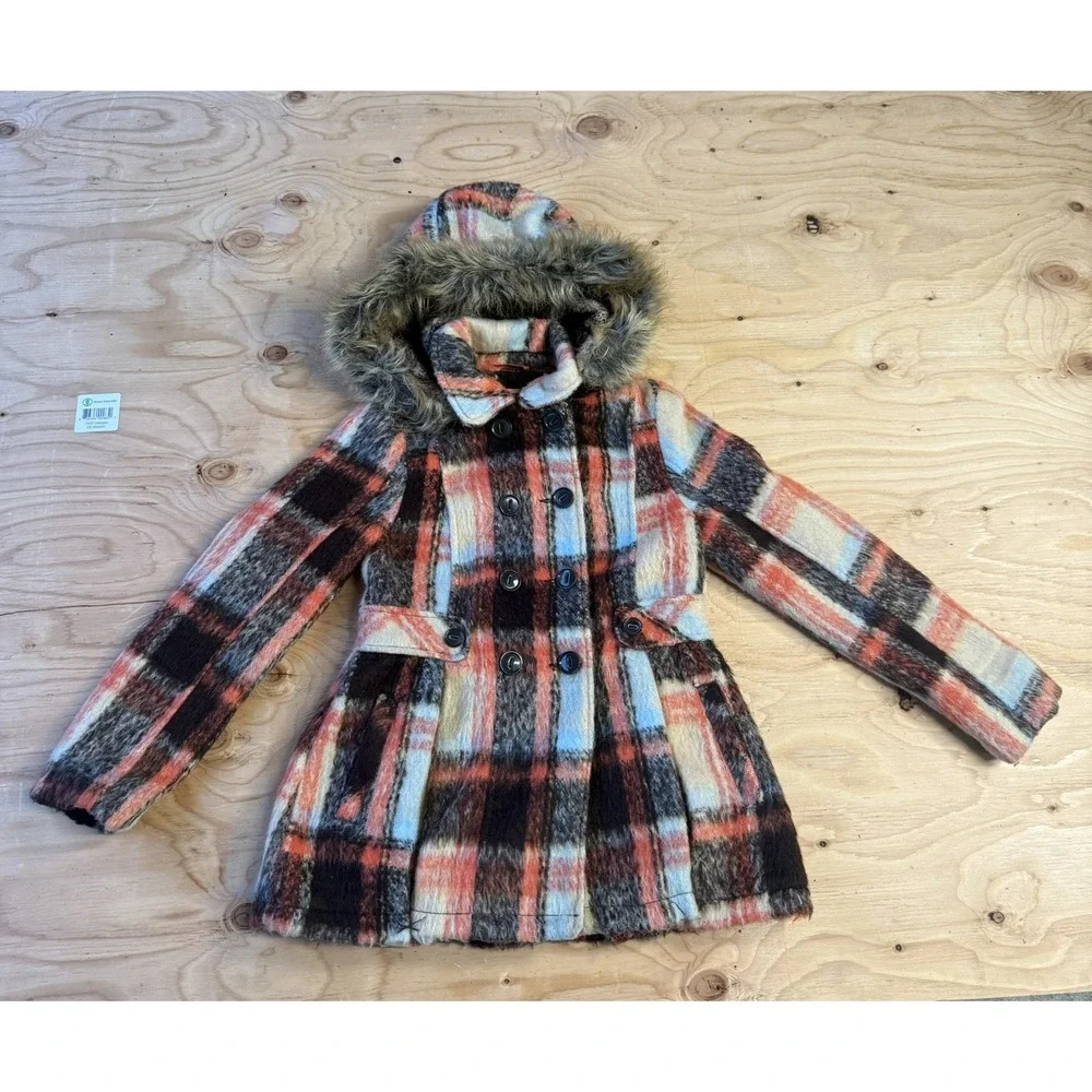 Urban Republic Coat Girls 14 Multicolor Plaid Pleated Faux Fur Hood Pockets